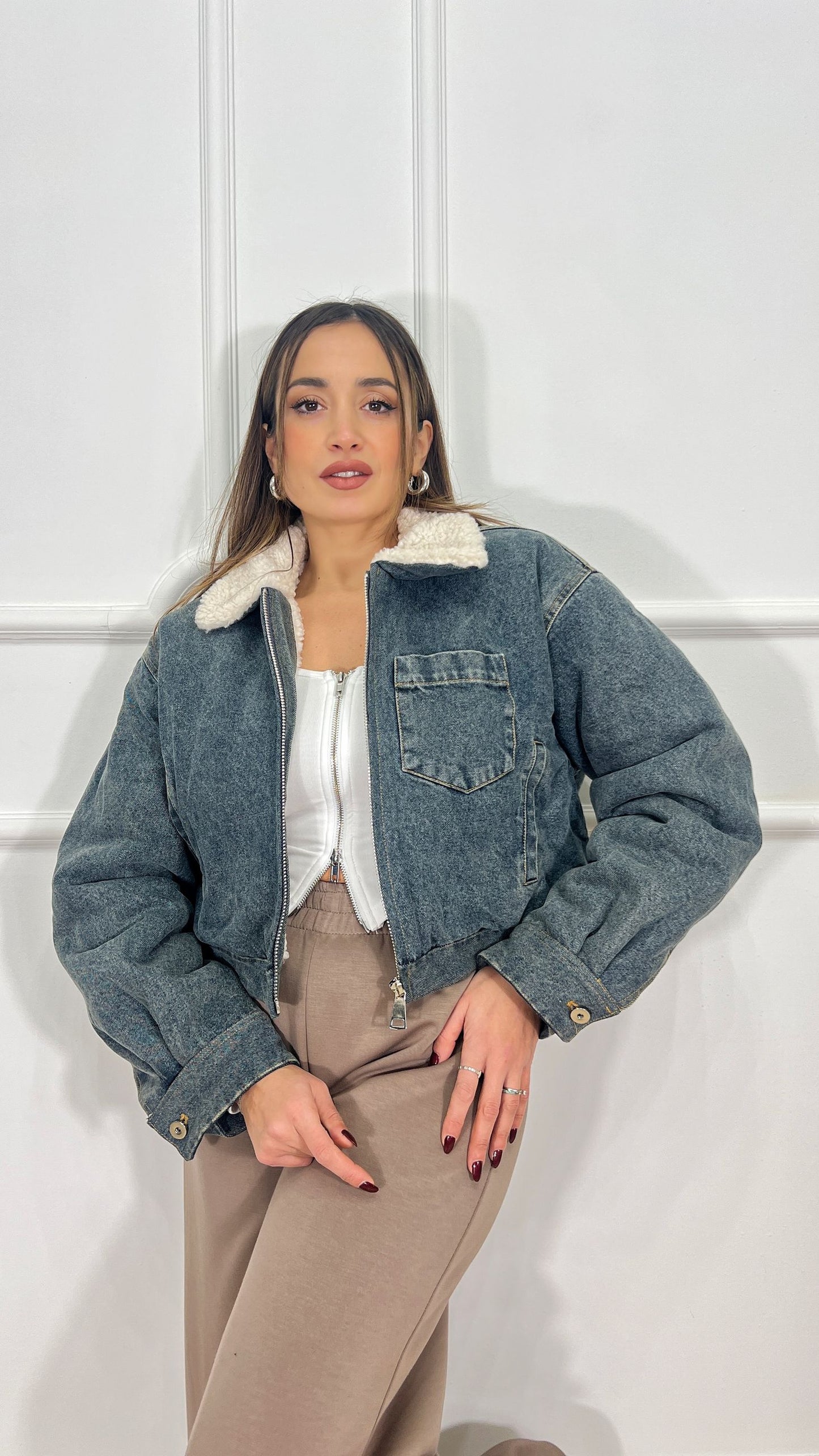 Bomber denim e pelliccia Lumina