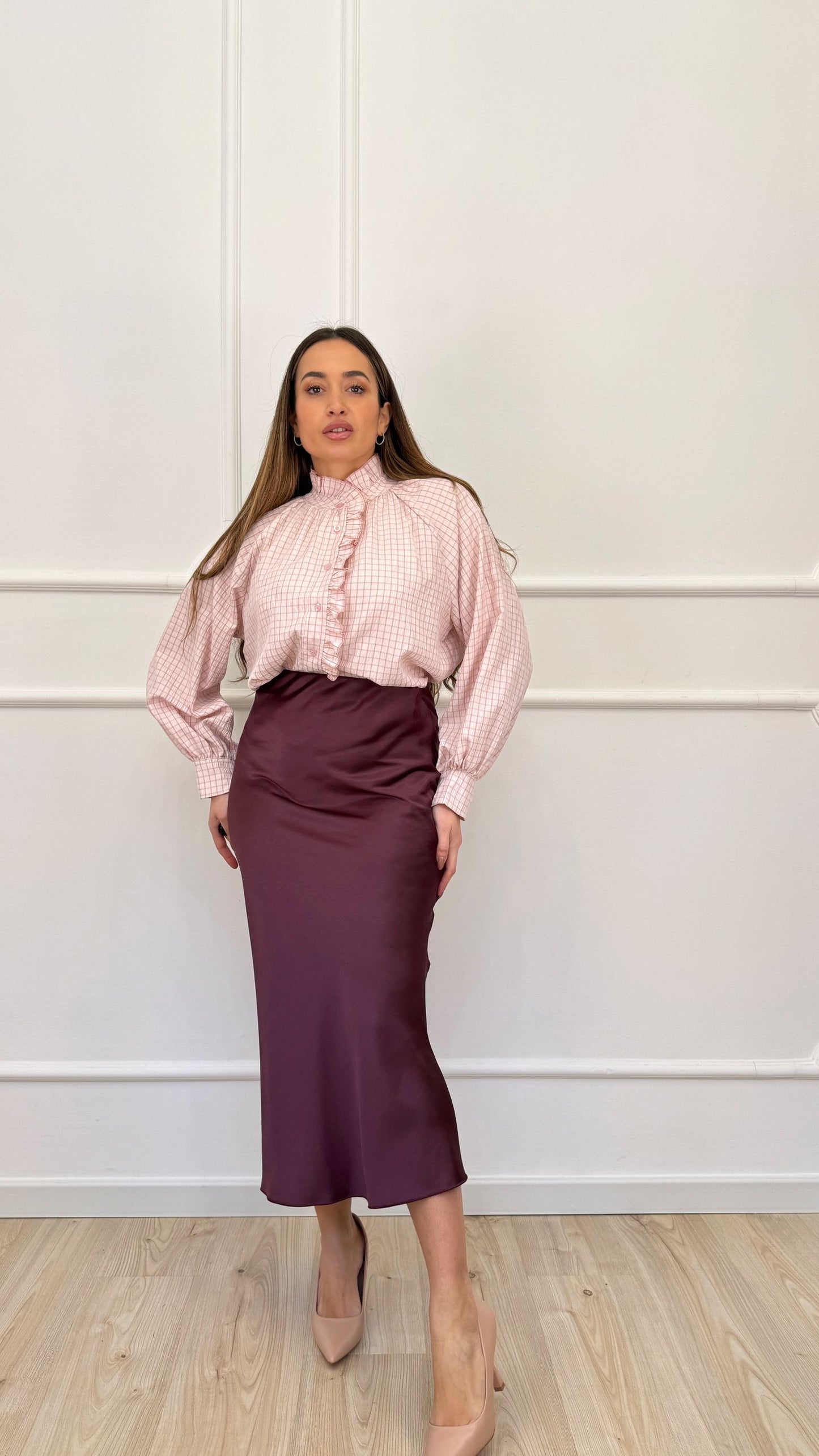 Camicia a quadretti rosa con rouge