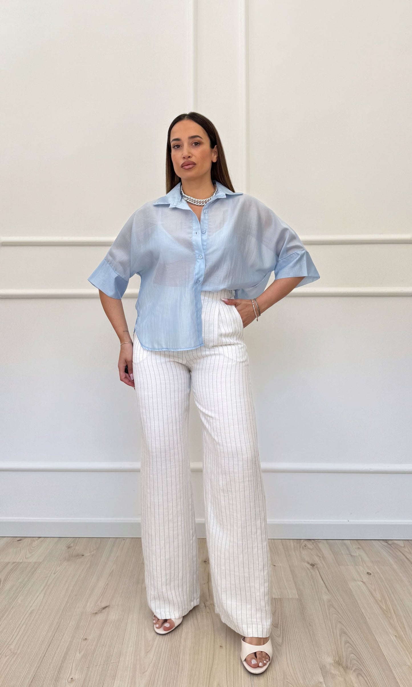 Pantalone misto lino gessato