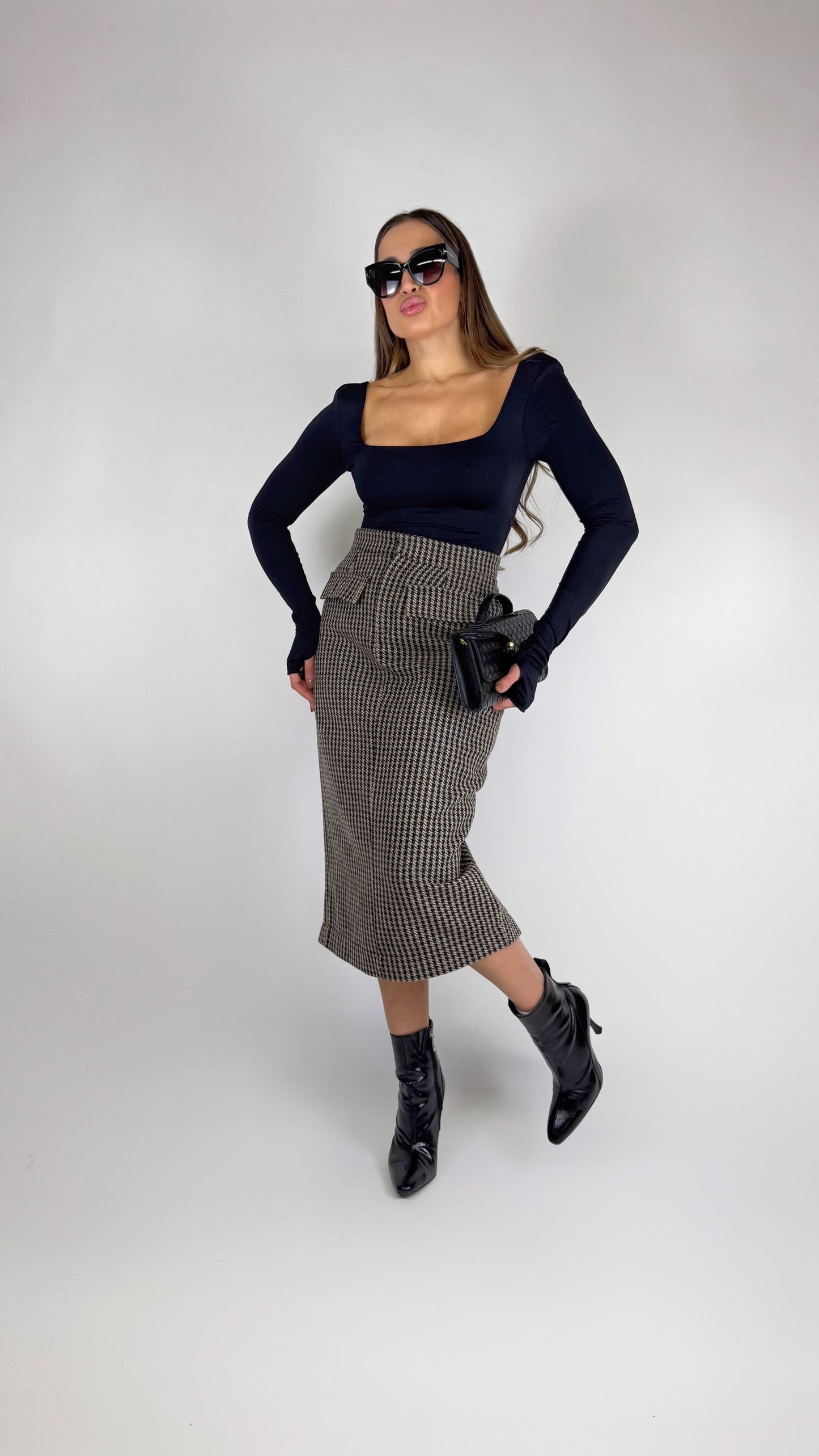 Gonna Pied de Poule Cammello