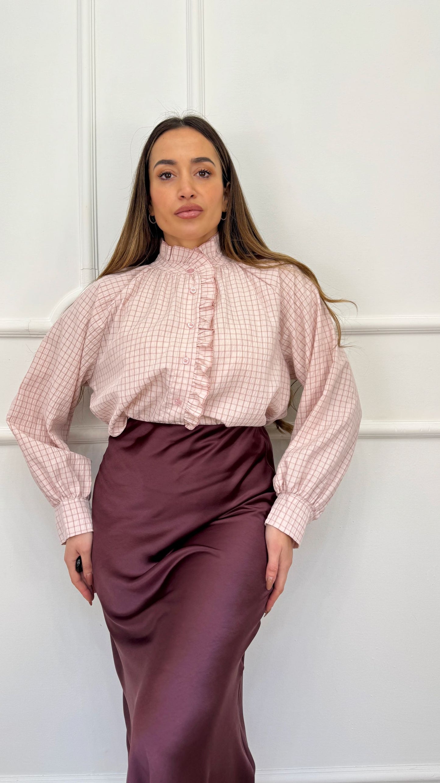 Camicia a quadretti rosa con rouge