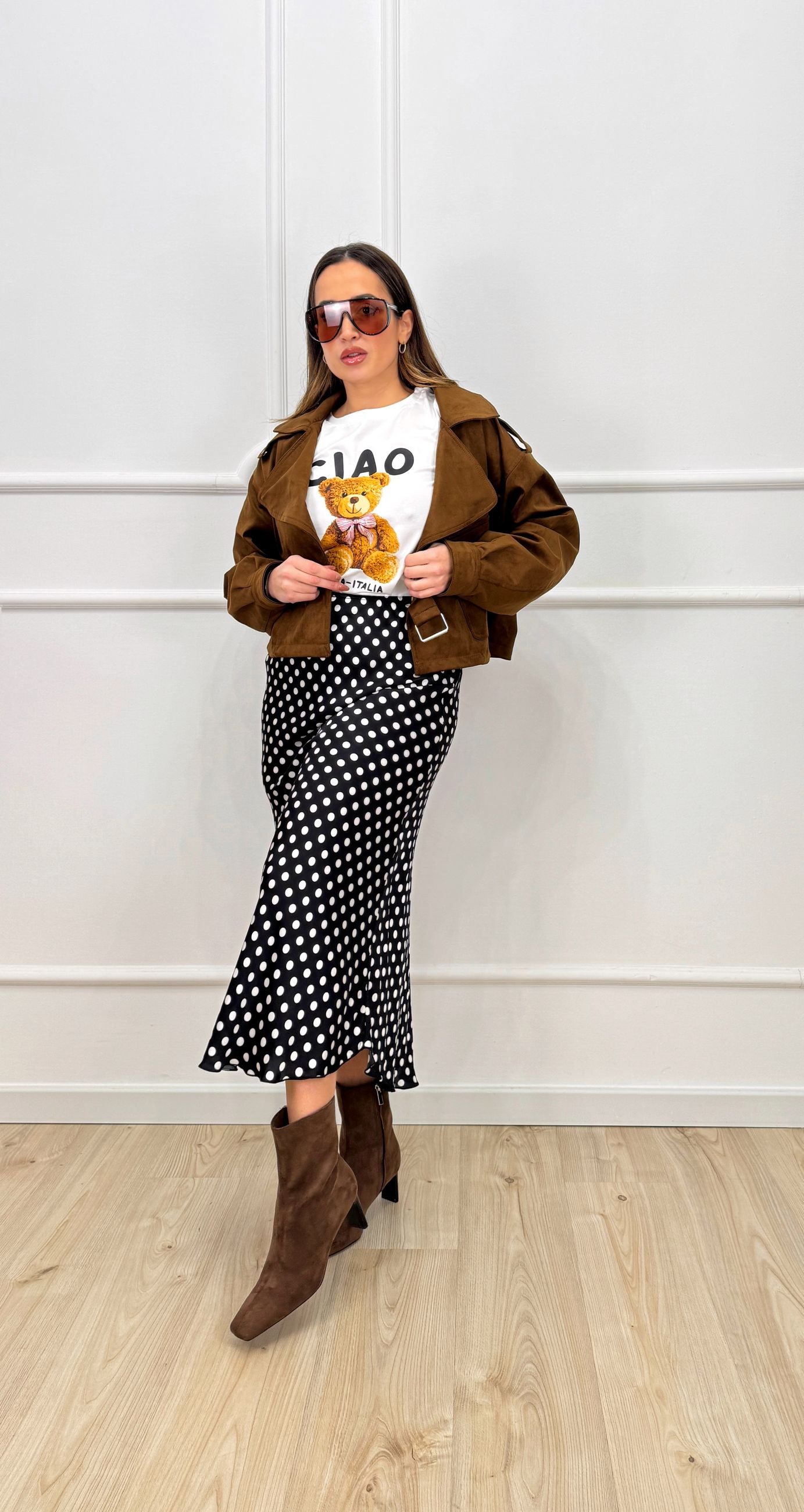 Gonna in satin a pois