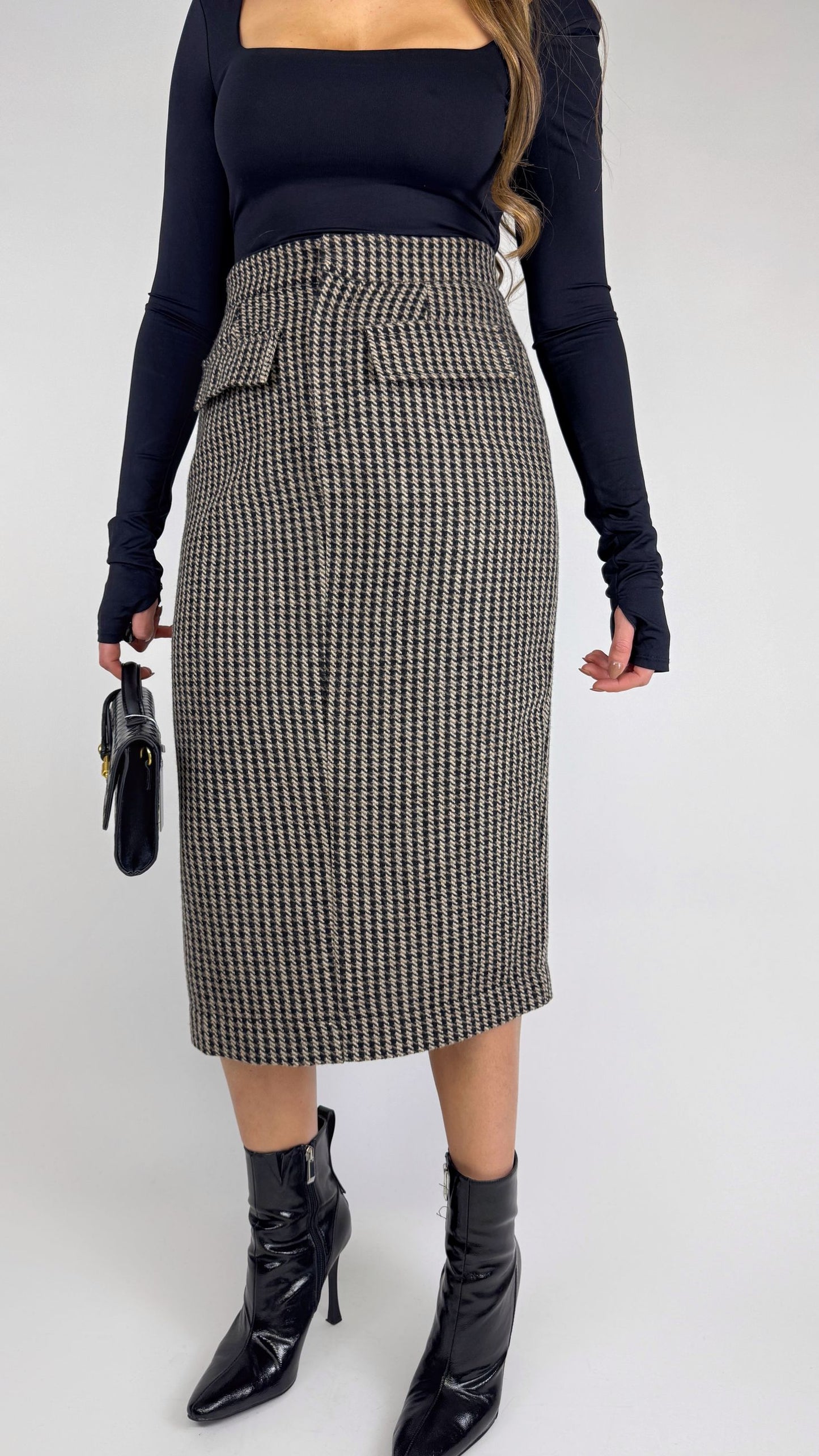 Gonna Pied de Poule Cammello