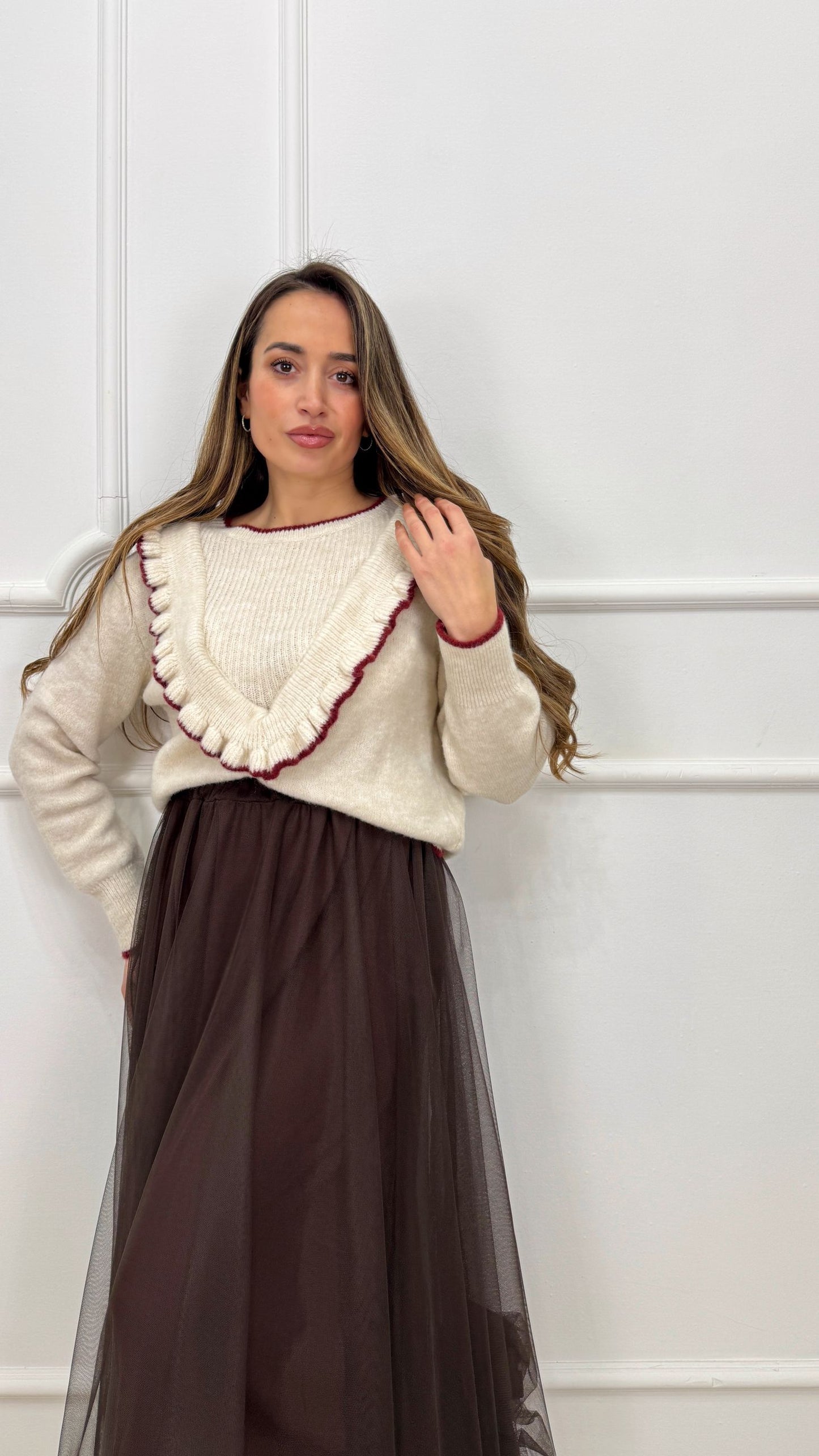 Maglioncino con rouge panna e bordeaux