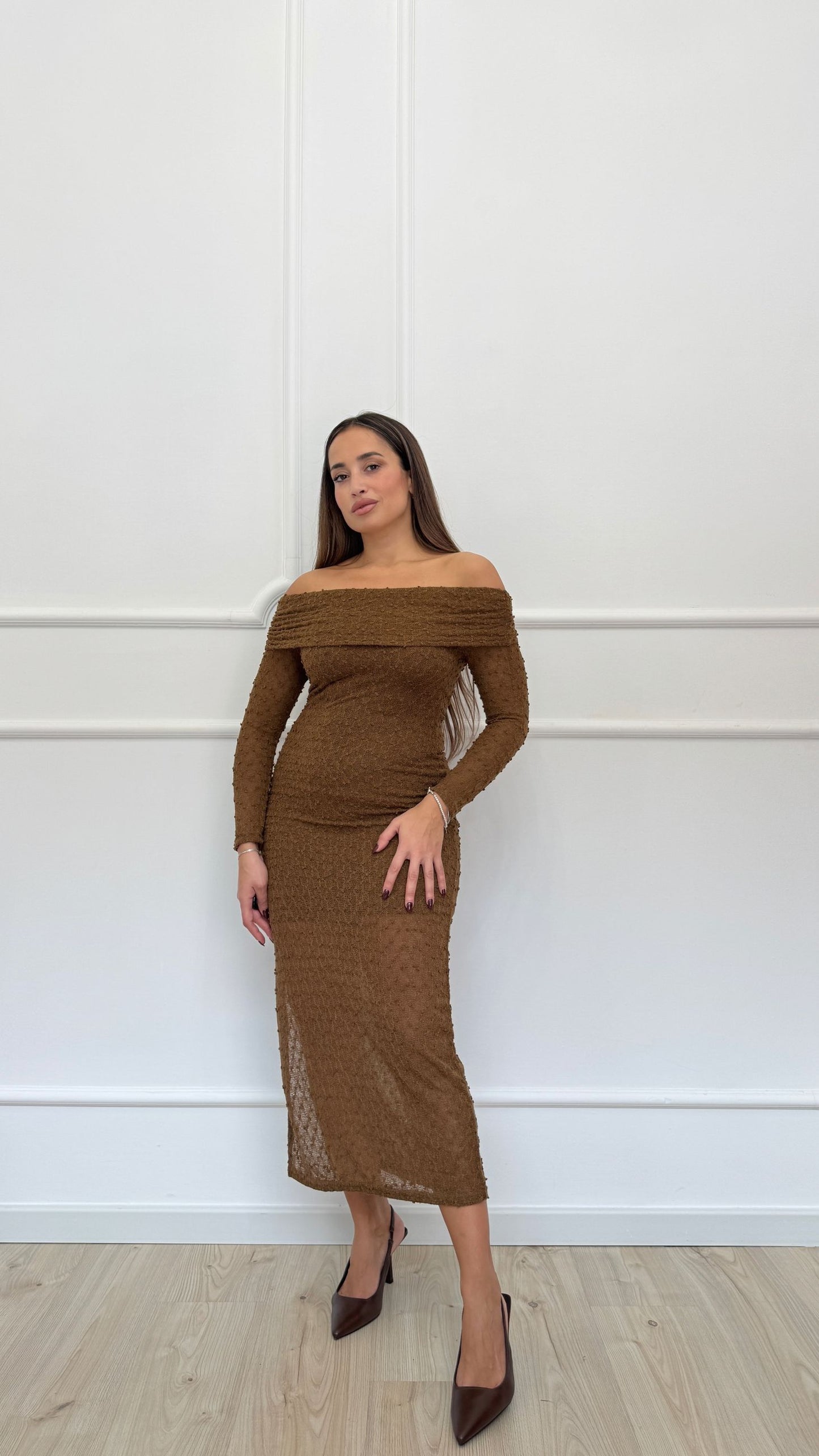 Vestito bardot marrone
